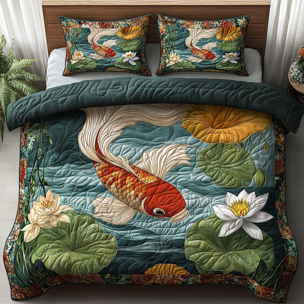 Dragon Stream Quilted Bedding Set Bedroom Decor Koi Fish Presents