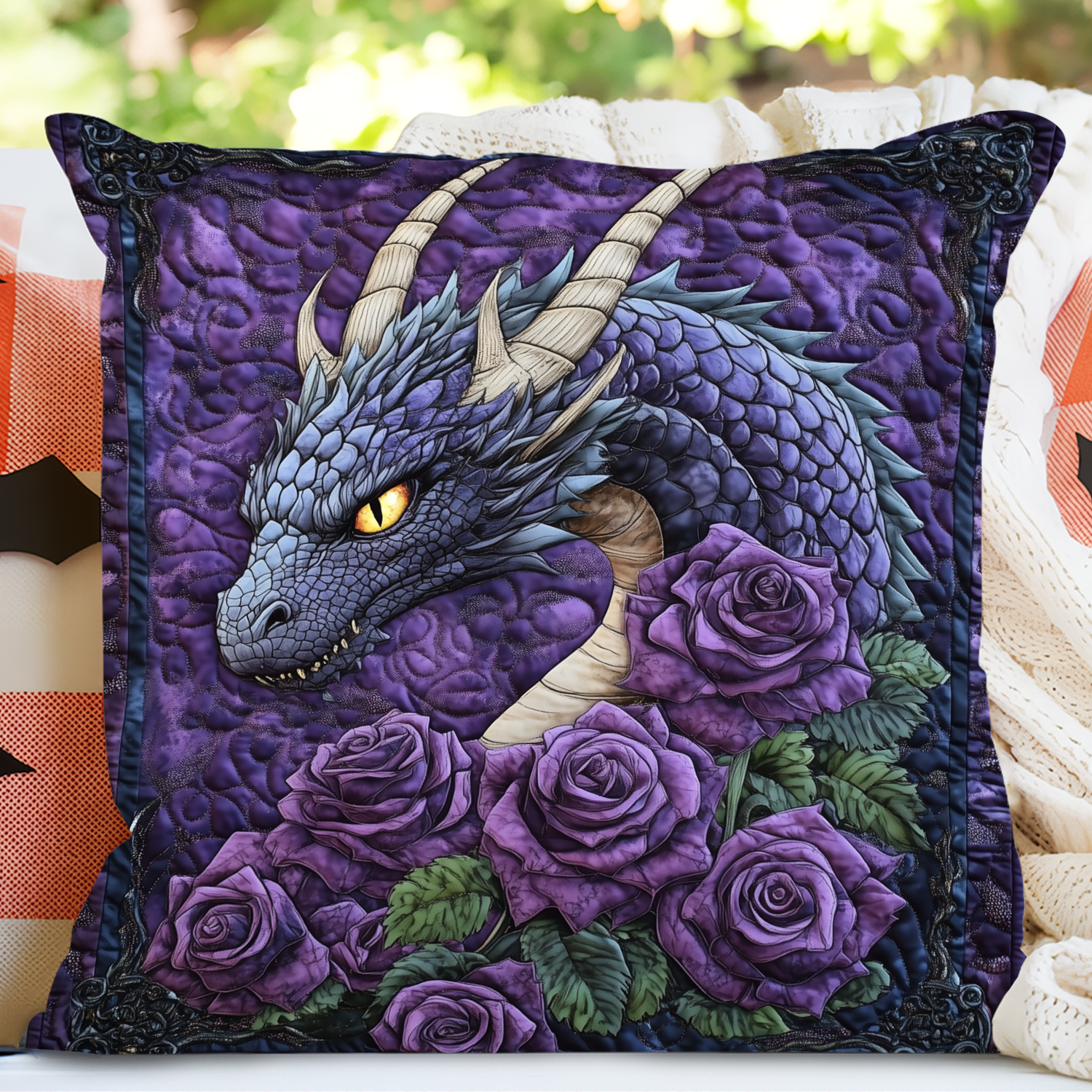 Dragon Violet Quilted Pillow Case Fantasy Themed Unique Presents For Dragon Lovers
