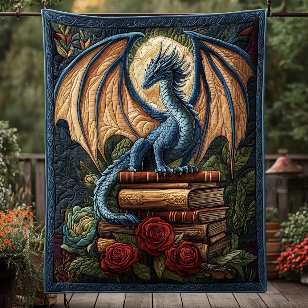 Dragon Wisdom Books Roses Quilted Blanket Fantasy Blue Dragon Floral Art Throw Gift For Dragon Lovers