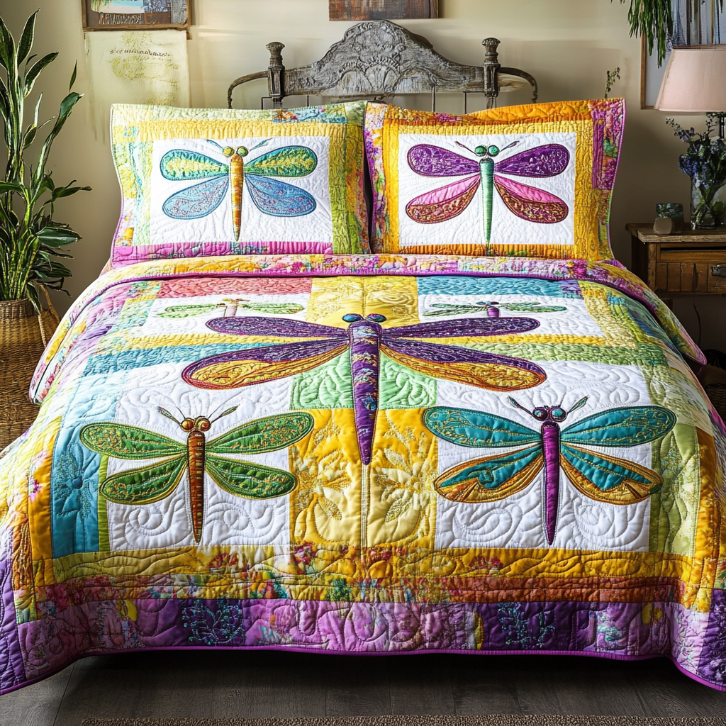 Dragonfly Bliss Quilted Bedding Set Summer Duvet Covers Father's Day Gifts For Husband