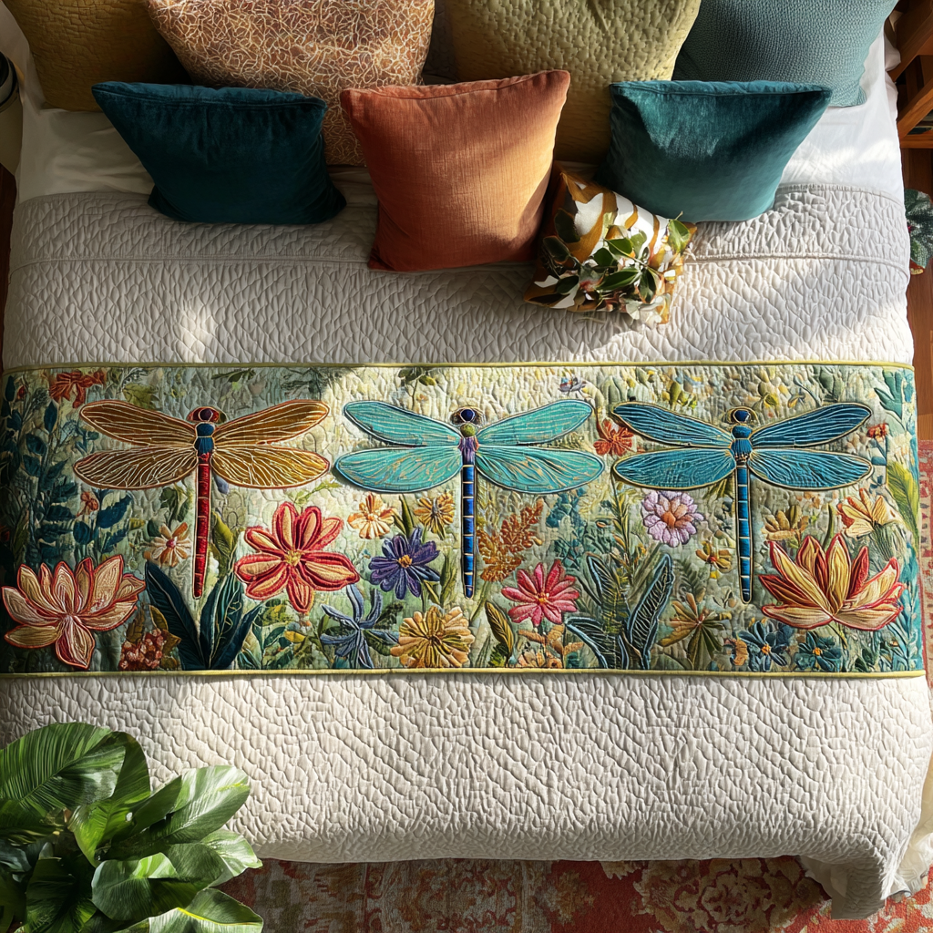 Dragonfly Bloom Quilted Bed Runner Bed Decor Gifts For Dragonfly Lovers