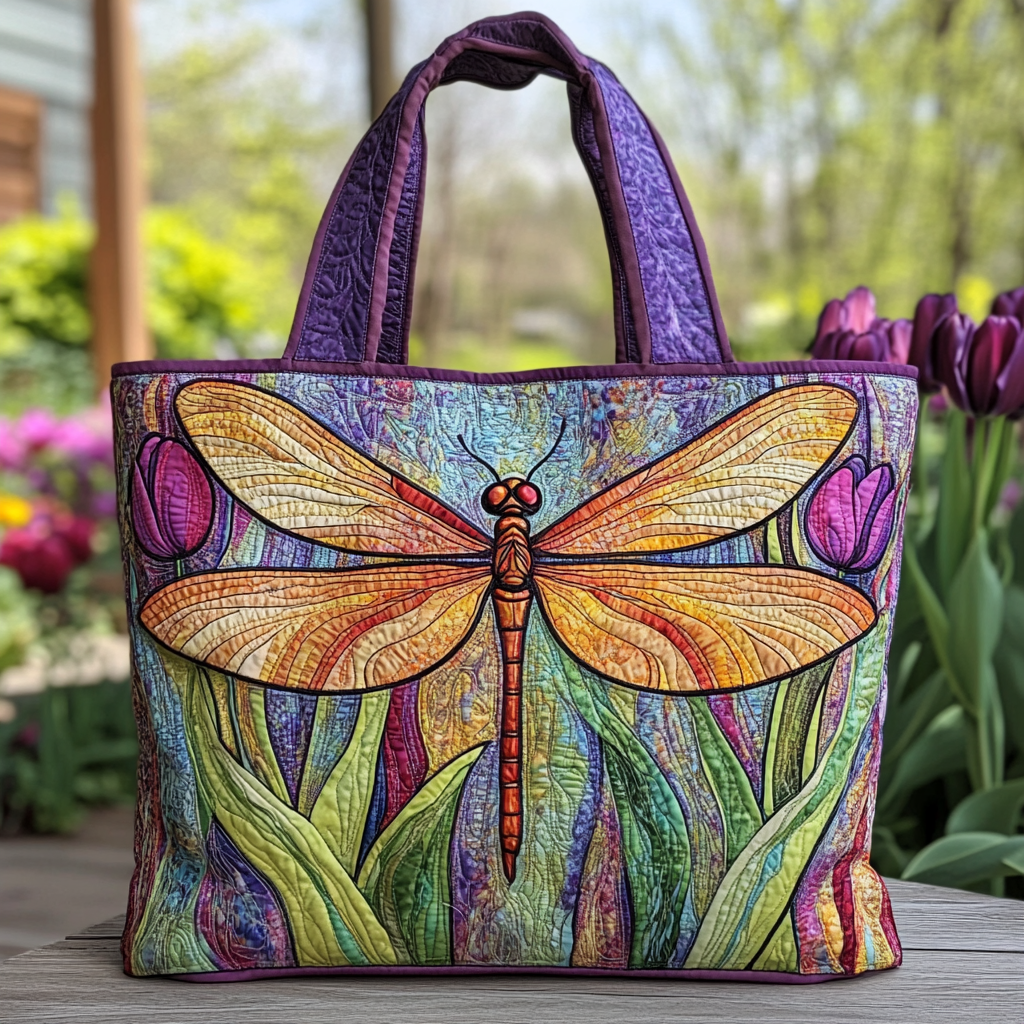 Dragonfly Bloom Quilted Tote Bag Birthday Presents For Dragonfly Lovers