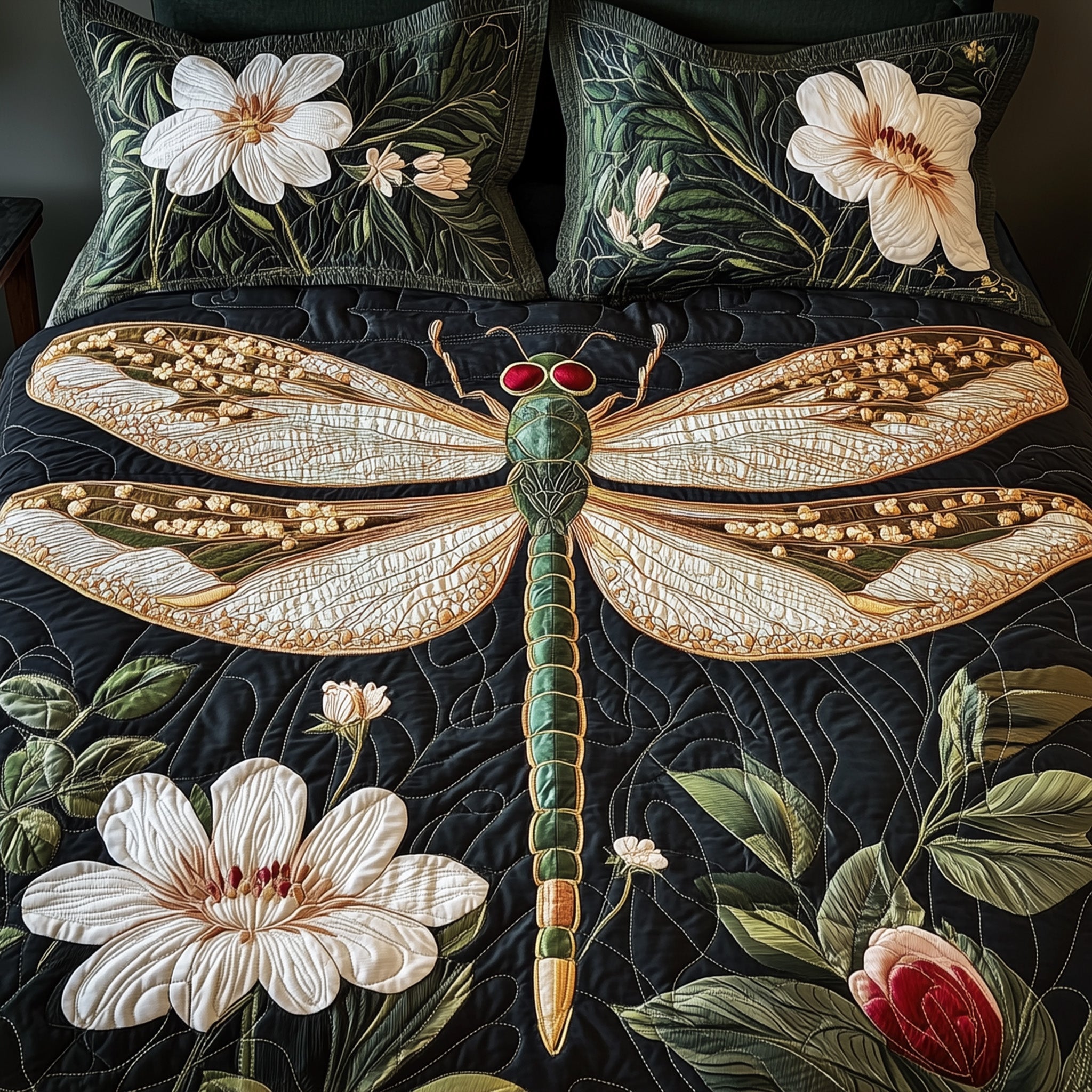 Dragonfly Blooming Garden Quilted Bedding Set Duvet Cover Bed Sheet Best Dragonfly Christmas Gifts