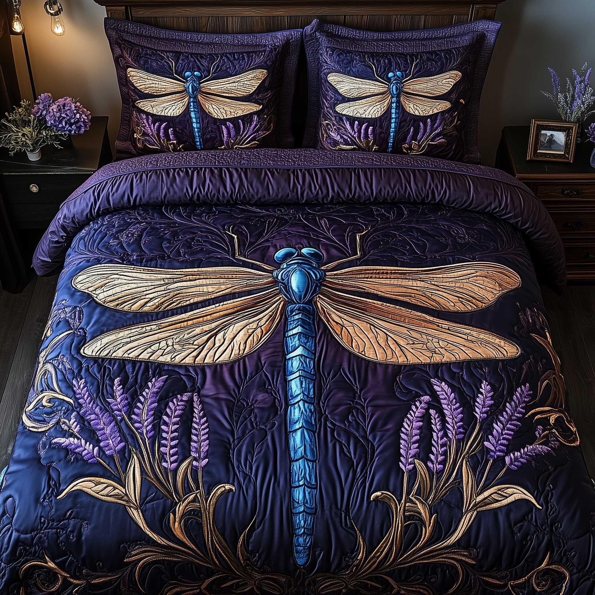 Dragonfly Blooming Garden Quilted Bedding Set Duvet Cover Bed Sheet Best Dragonfly Gifts For Christmas