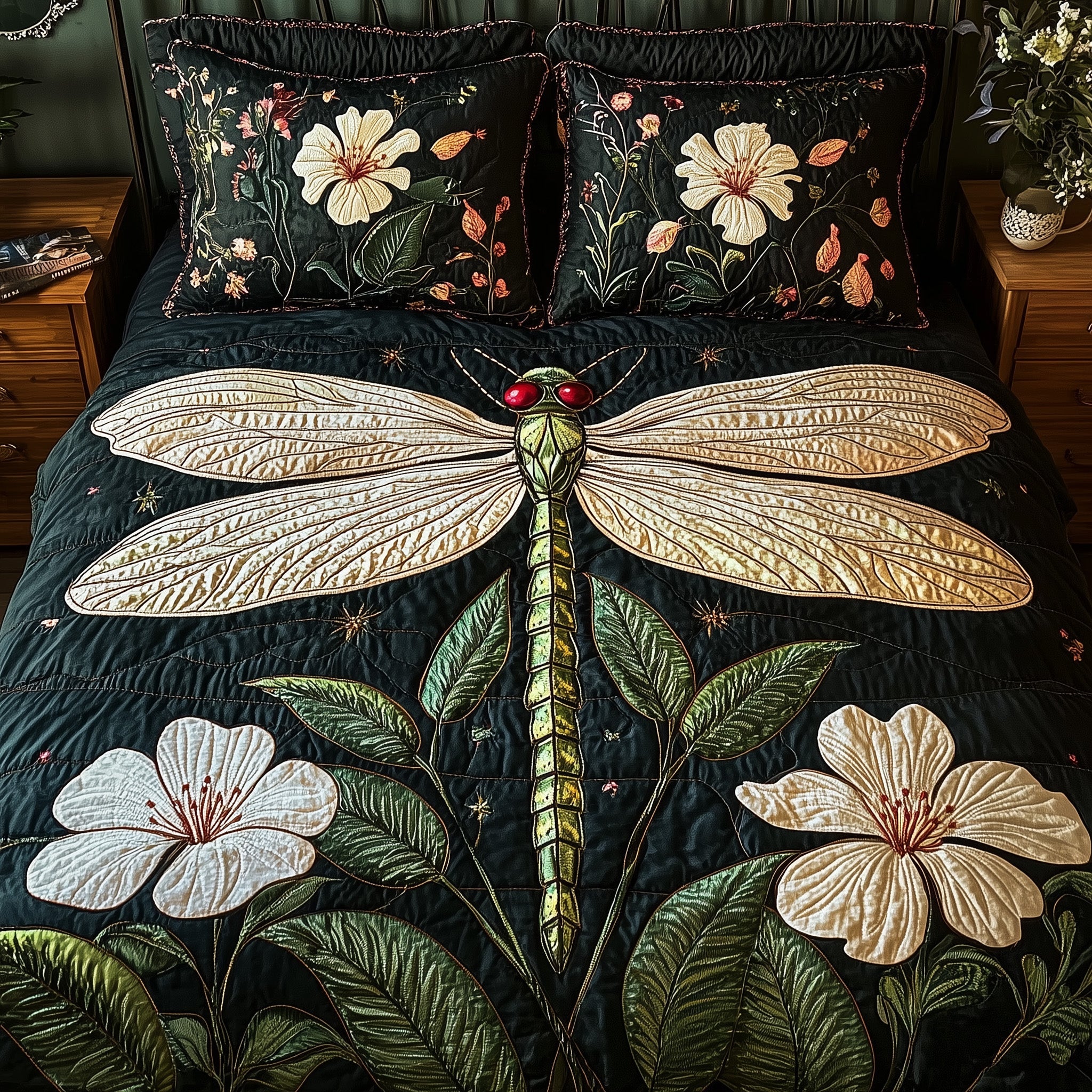 Dragonfly Blooming Garden Quilted Bedding Set Duvet Cover Bed Sheet Best Dragonfly Gifts For Mom