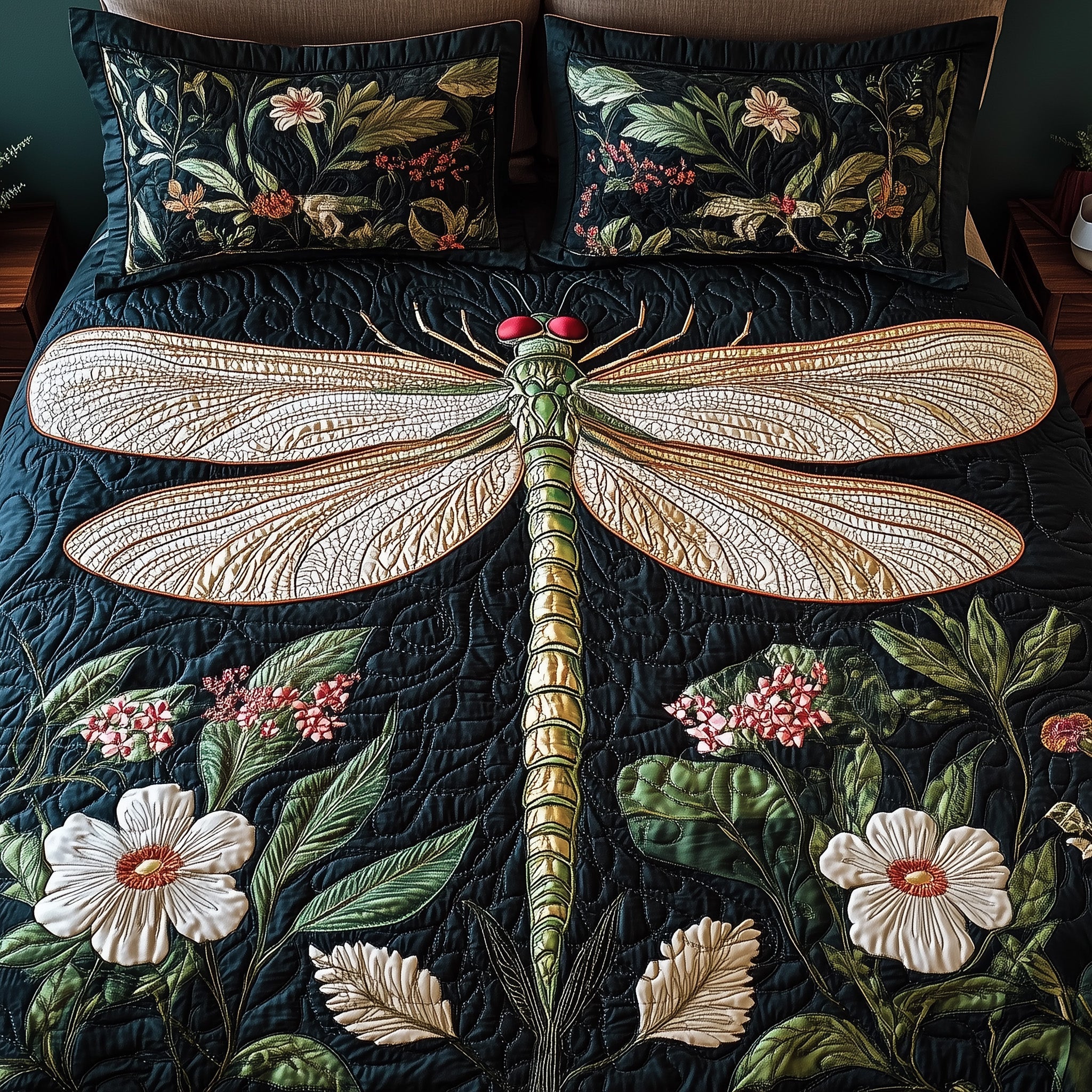 Dragonfly Blooming Garden Quilted Bedding Set Duvet Cover Bed Sheet Best Dragonfly Presents