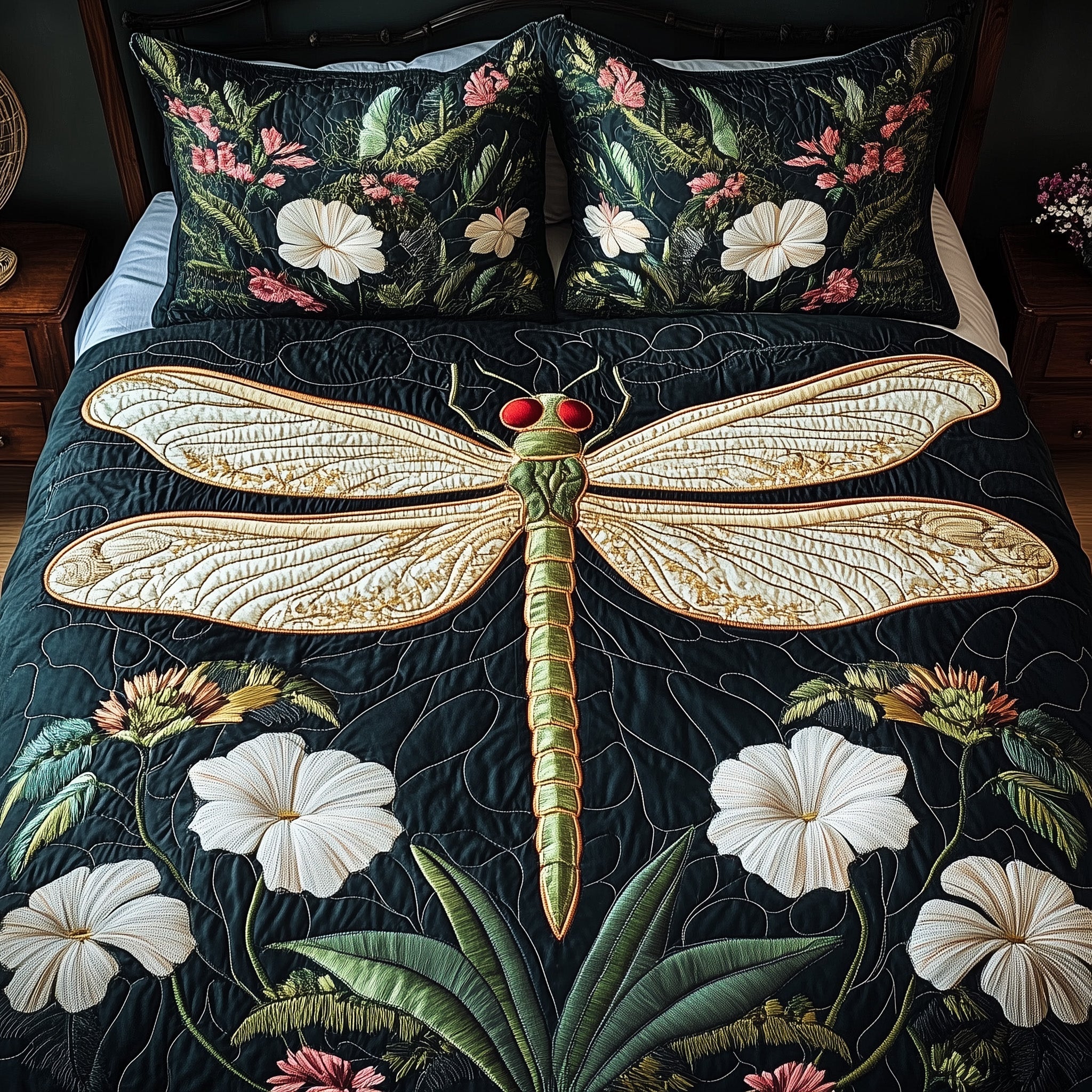 Dragonfly Blooming Garden Quilted Bedding Set Duvet Cover Bed Sheet Birthday Gifts For Dragonfly Lovers