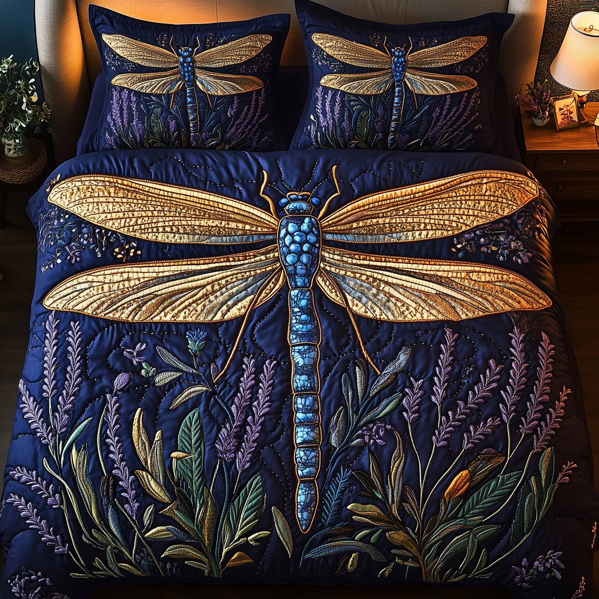 Dragonfly Blooming Garden Quilted Bedding Set Duvet Cover Bed Sheet Dragonfly Christmas Gifts