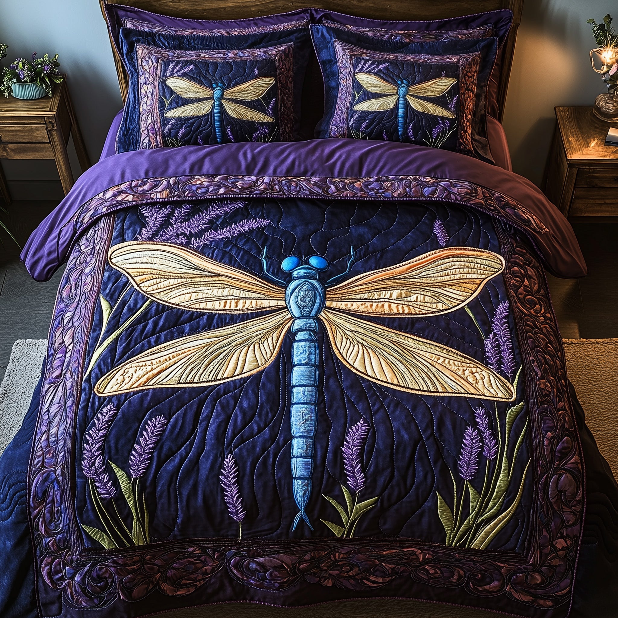Dragonfly Blooming Garden Quilted Bedding Set Duvet Cover Bed Sheet Dragonfly Gift Items