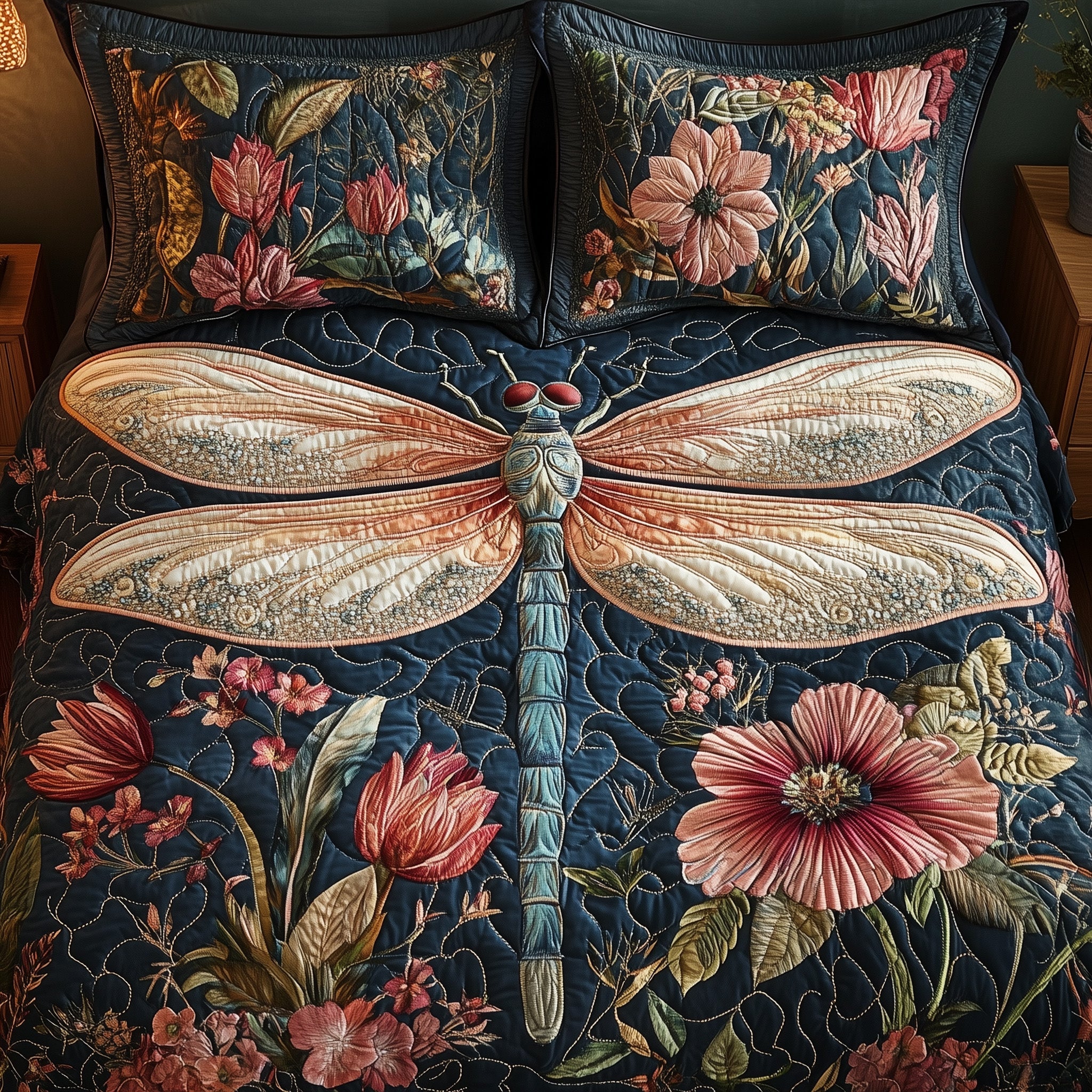 Dragonfly Blooming Garden Quilted Bedding Set Duvet Cover Bed Sheet Dragonfly Gifts For Women