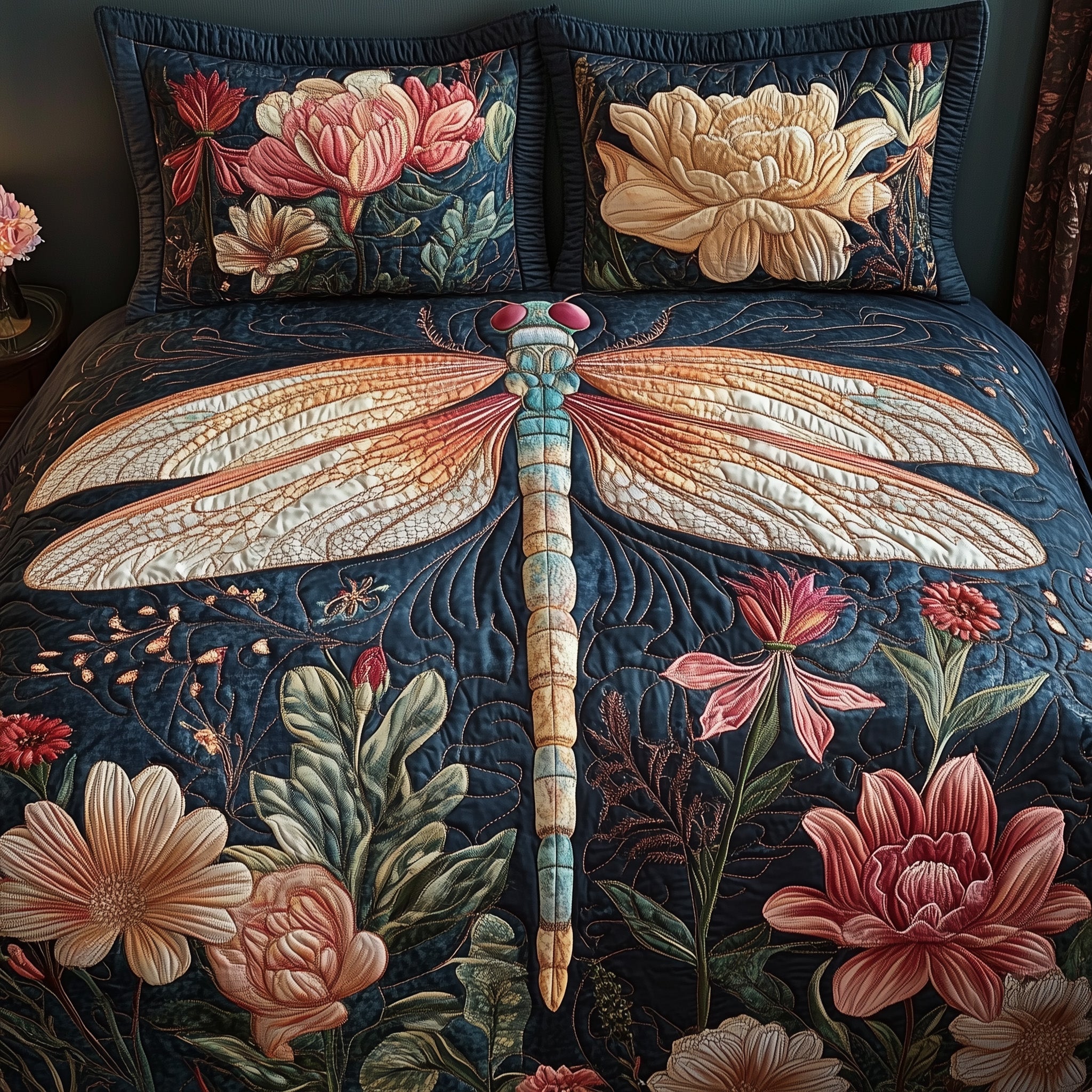 Dragonfly Blooming Garden Quilted Bedding Set Duvet Cover Bed Sheet Gifts For Dragonfly Lovers