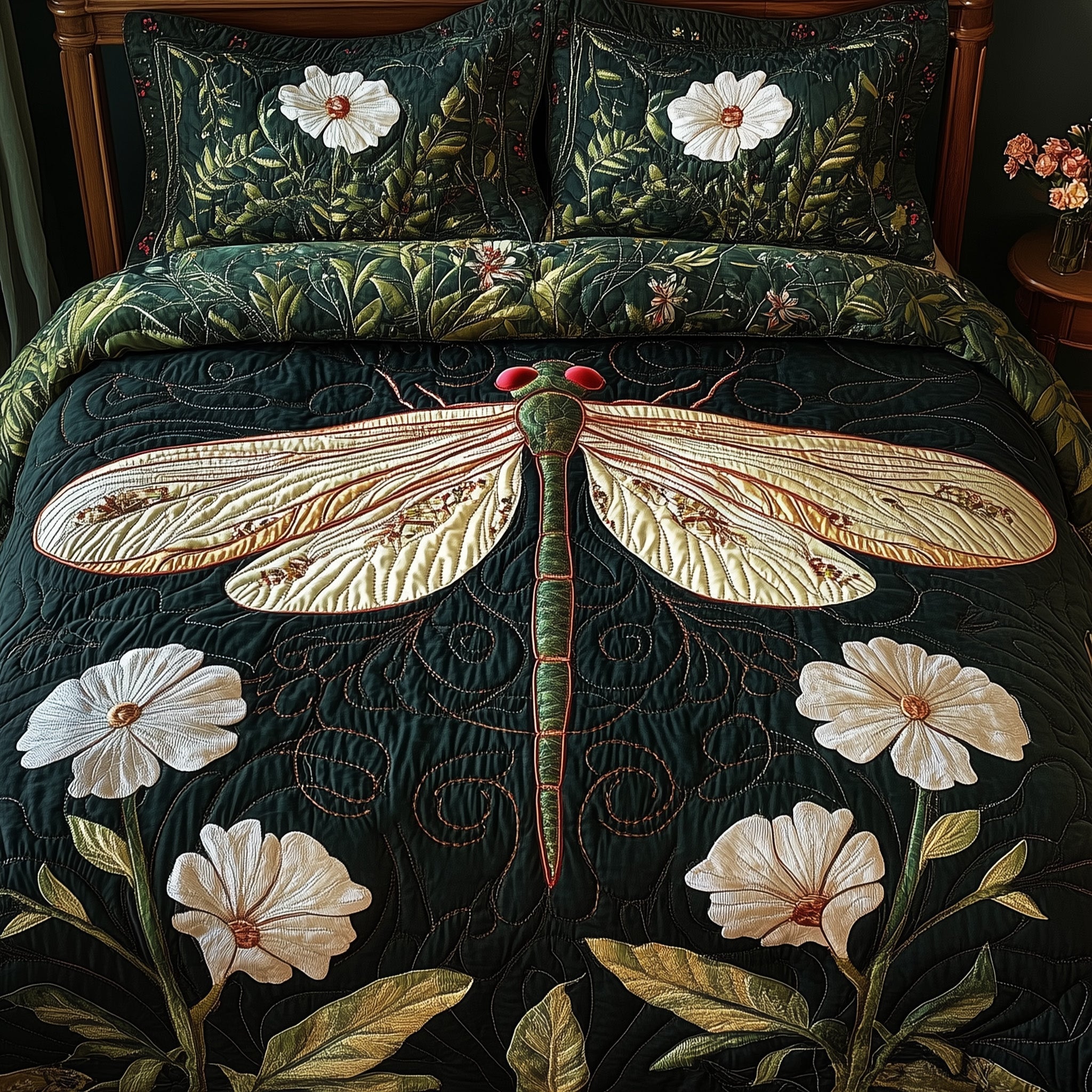 Dragonfly Blooming Garden Quilted Bedding Set Duvet Cover Bed Sheet Great Dragonfly Lover Gifts