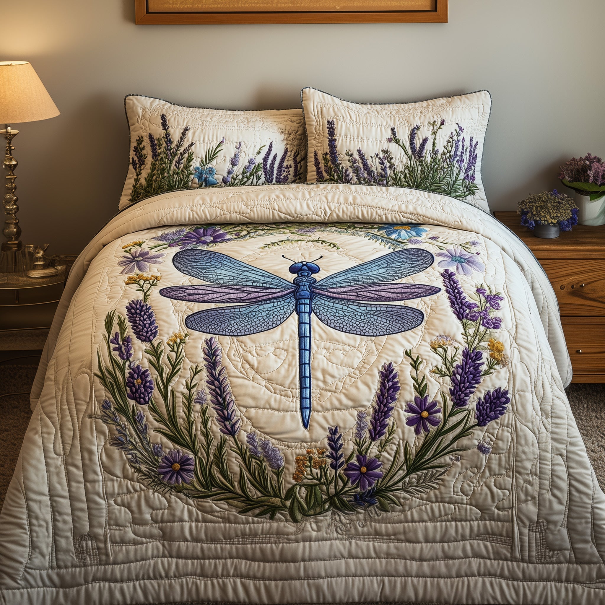 Dragonfly Blooming Garden Quilted Bedding Set Duvet Cover Bed Sheet Novelty Dragonfly Gifts