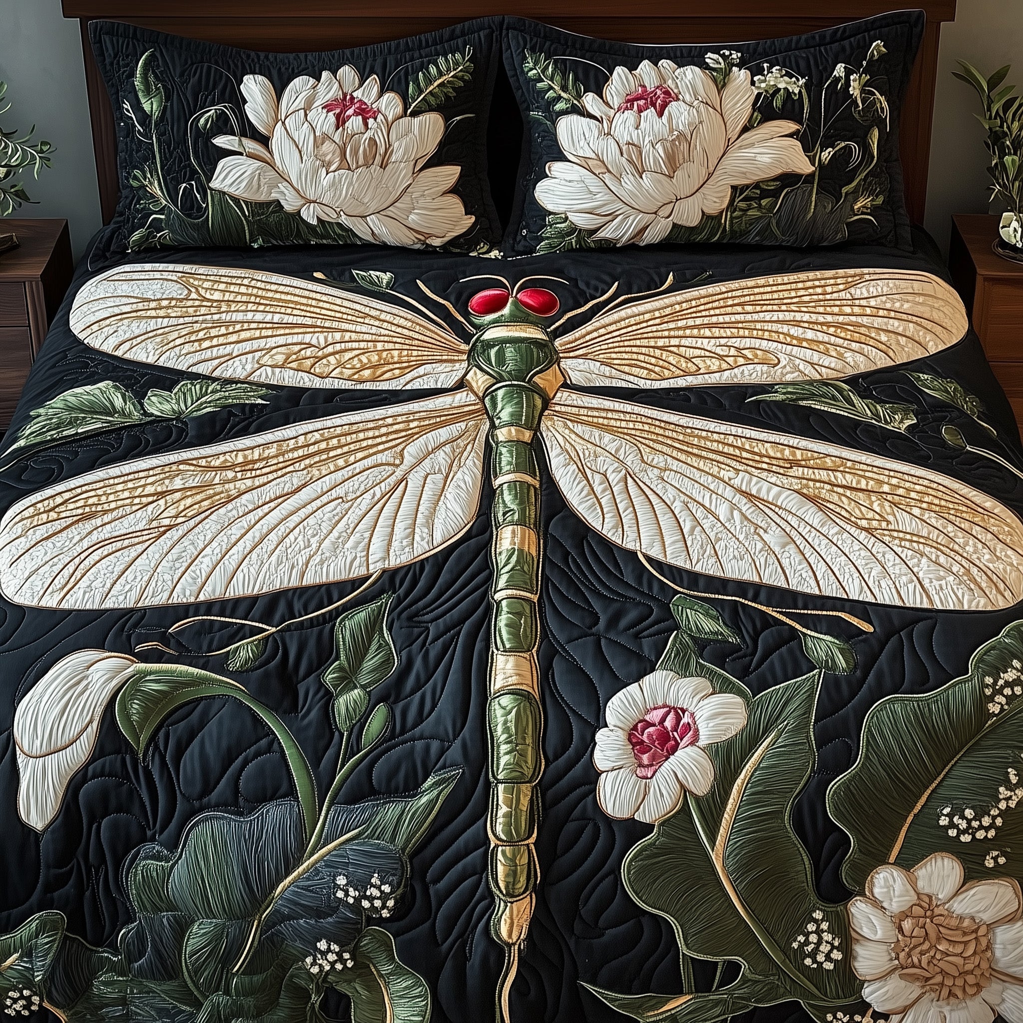 Dragonfly Blooming Garden Quilted Bedding Set Duvet Cover Bed Sheet Unusual Dragonfly Gifts