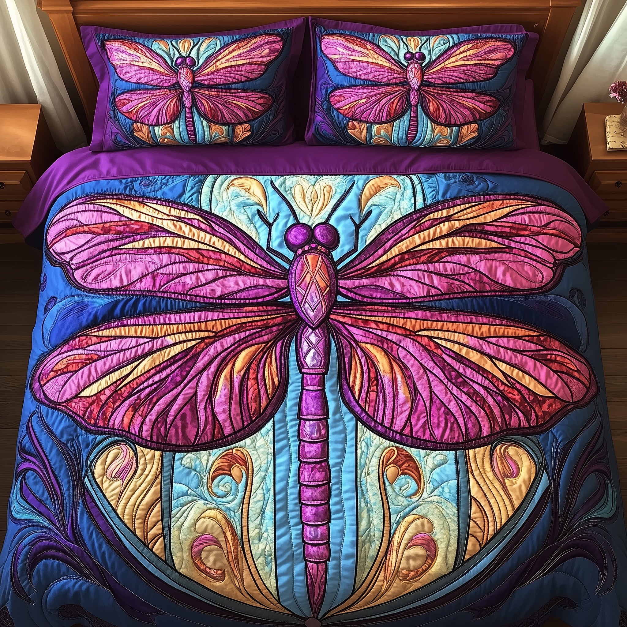 Dragonfly Charm Quilted Bedding Set For Couples