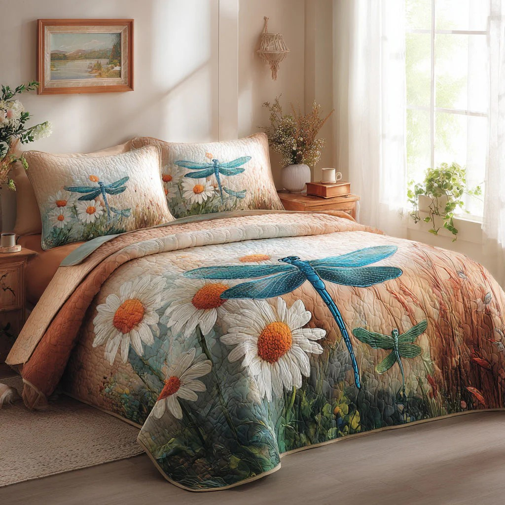 Dragonfly Daisy 3-Piece Quilted Bedding Set Nature Floral Bedspread Best Gift For Nature Lovers