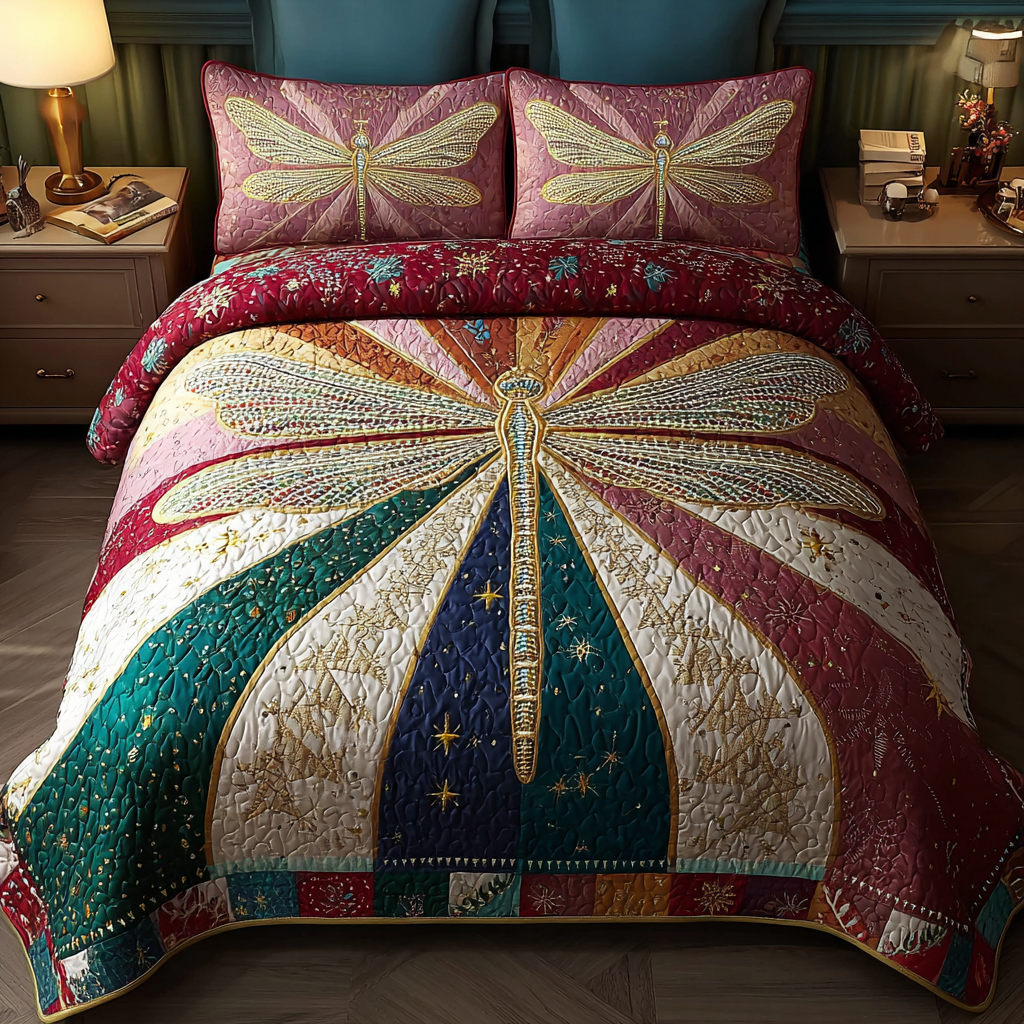 Dragonfly Dance Quilted Bedding Set Cute Room Decor Dragonfly Gifts For Lady