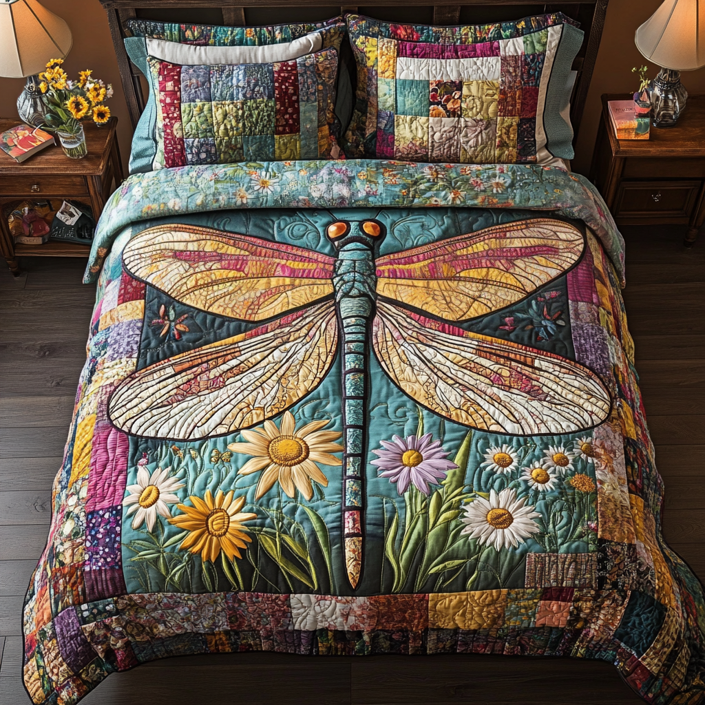 Dragonfly Delight Quilted Bedding Set Bedspread Set Presents For Dragonfly Lovers Women