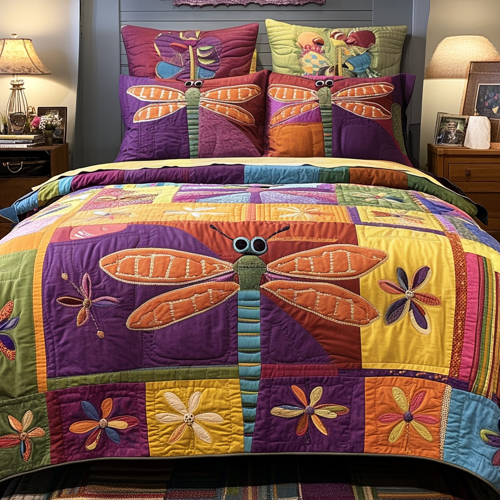 Dragonfly Delight Quilted Bedding Set Cozy Bedding Merch Gift That Brings Sweet Dreams
