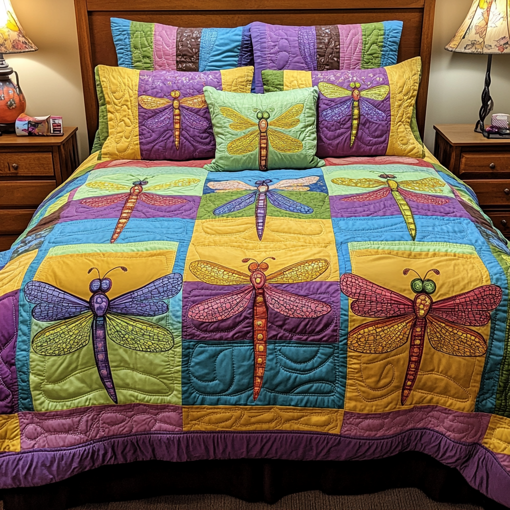 Dragonfly Dream Quilted Bedding Set Bed Decor Cool Gifts For Dragonfly Lovers