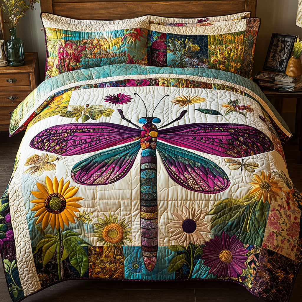 Dragonfly Dream Quilted Bedding Set Cozy Bedroom Decor Birthday Presents For Dragonfly Lovers