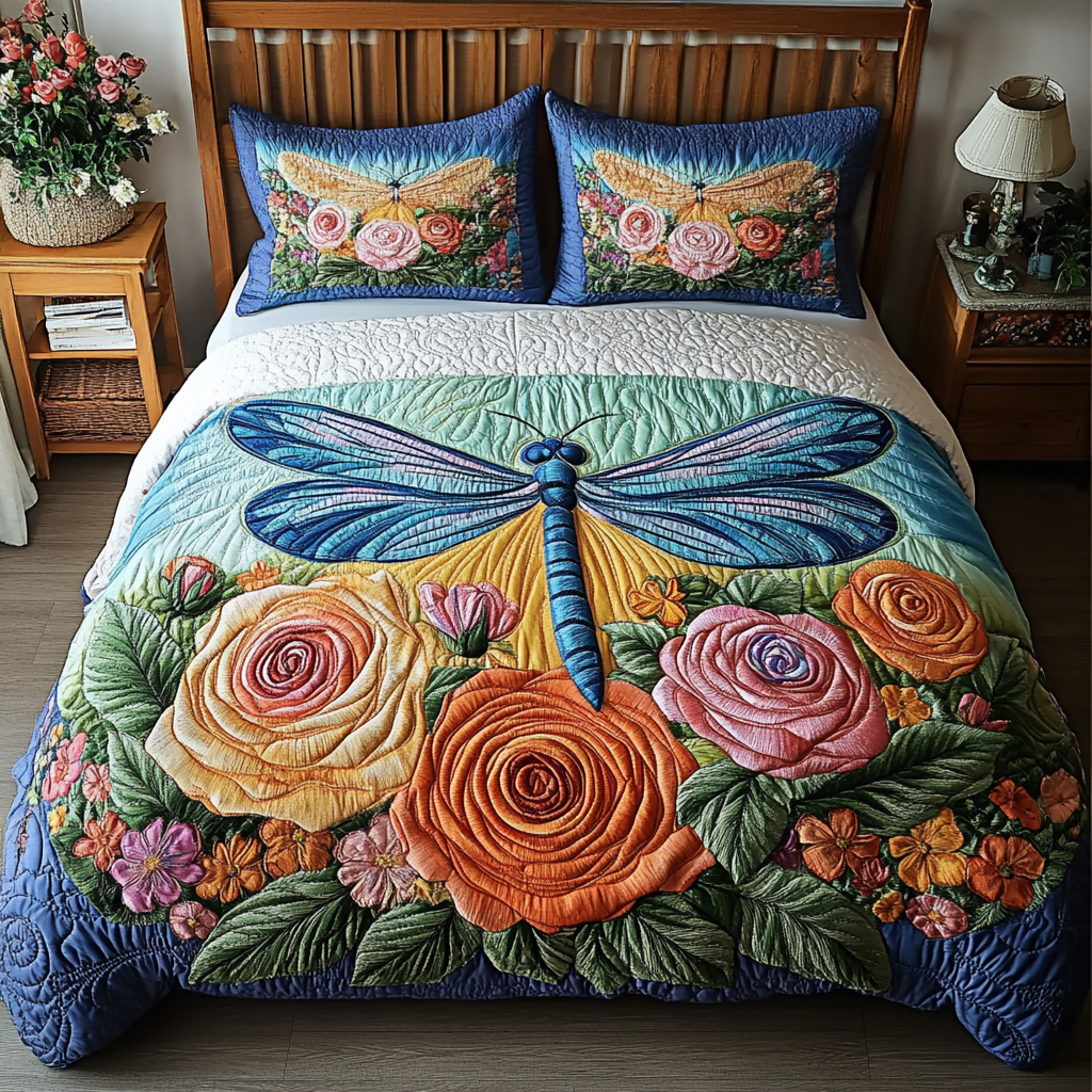 Dragonfly Dreams Quilted Bedding Set Cozy Bedroom Decor Dragonfly Lover Gifts For Women