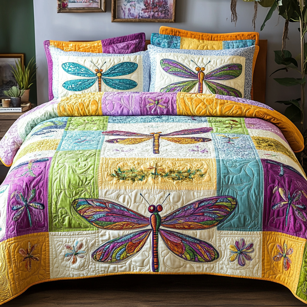 Dragonfly Elegance Quilted Bedding Set Bed Decorations Presents For Dragonfly Lovers Women