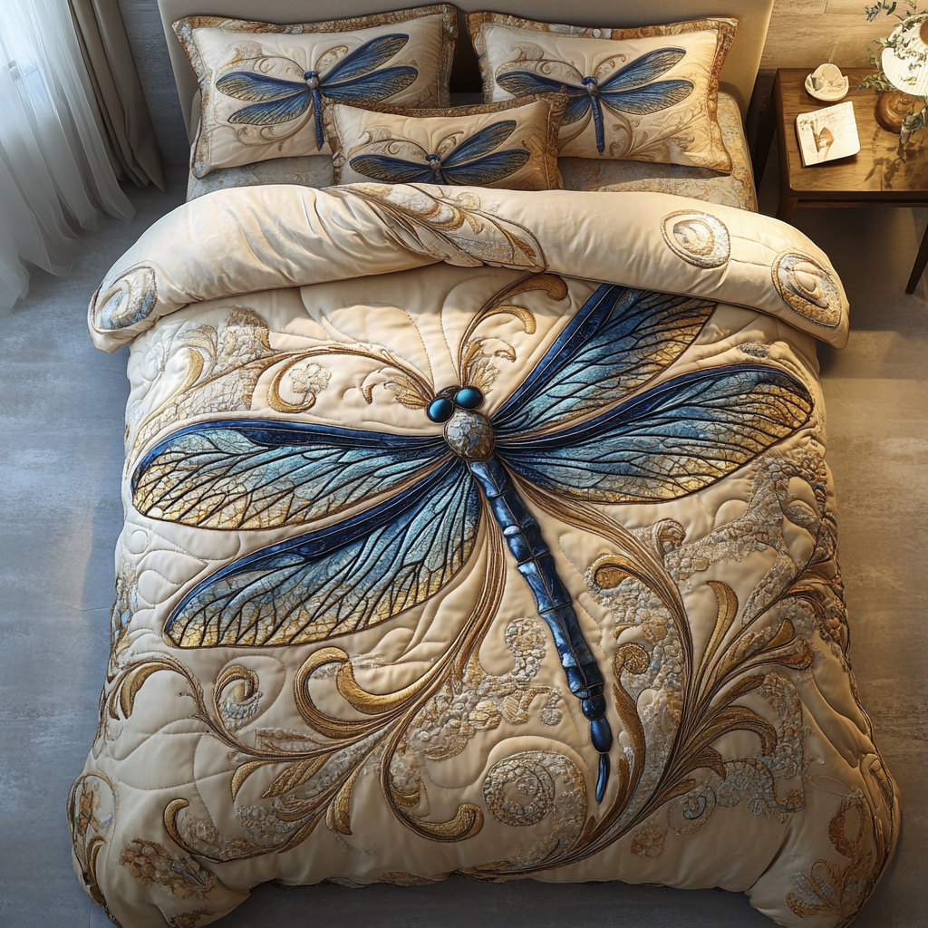 Dragonfly Flight Quilted Bedding Set Bed Room Decoration Gifts For Dragonfly Lovers