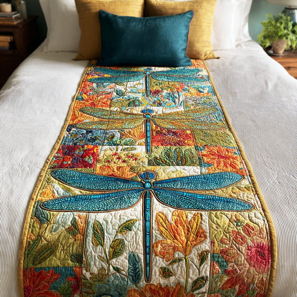 Dragonfly Garden Path Quilted Bed Runner Cozy Bedroom Decor Gifts For Dragonfly Lovers