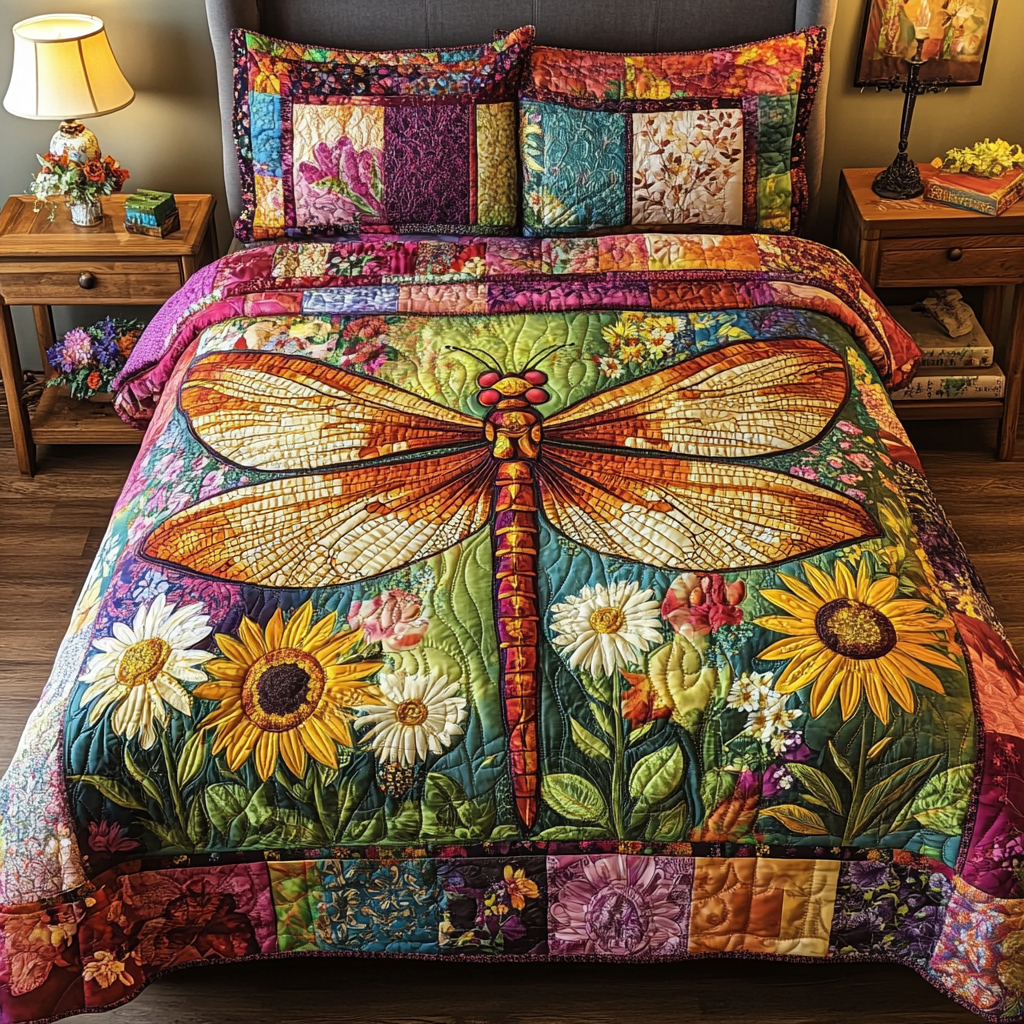 Dragonfly Garden Quilted Bedding Set Aesthetic Room Decor Cute Dragonfly Lover Ideas For Gifts