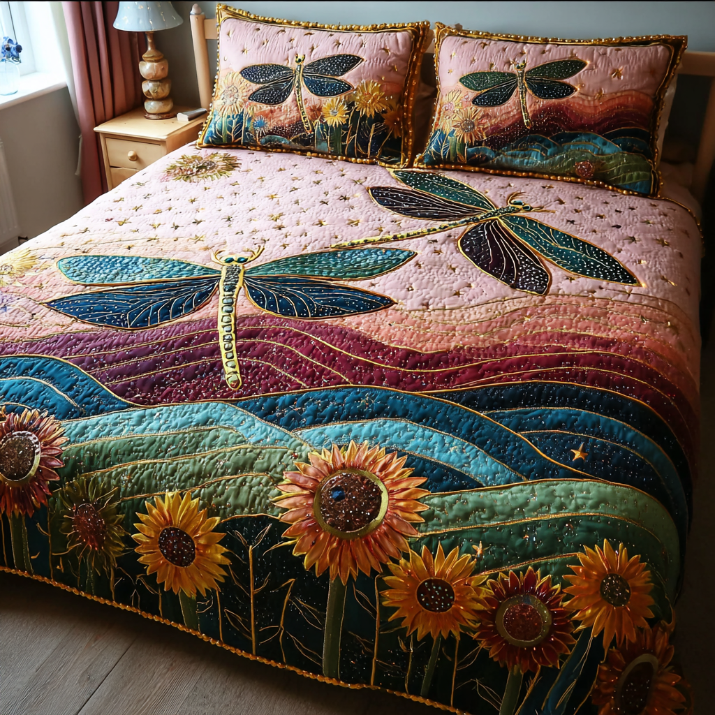 Dragonfly Glow Quilted Bedding Set Cozy Bedroom Decor Best Dragonfly Presents