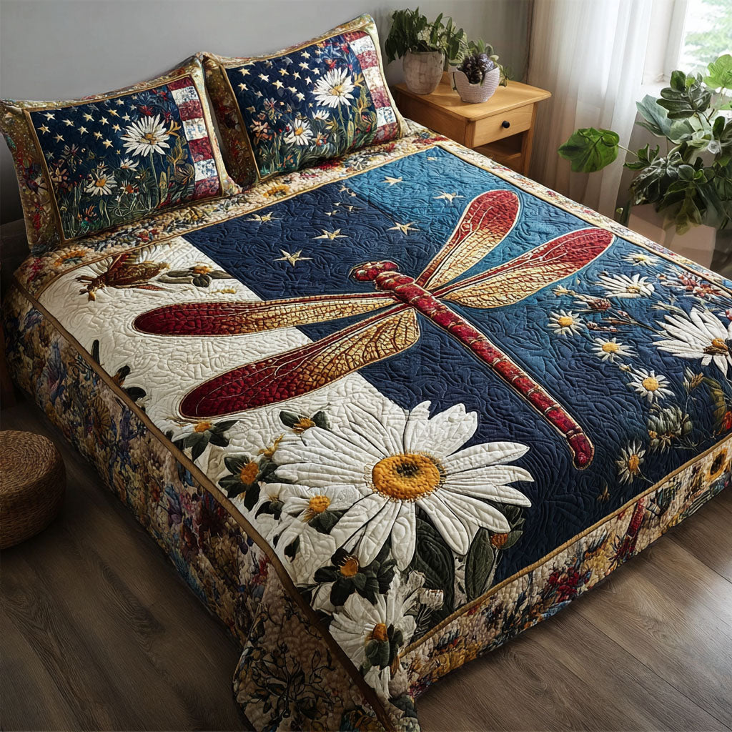 Dragonfly of Liberty Quilted Bedding Set Best Bed Sheet Set Great Dragonfly Lover Gifts