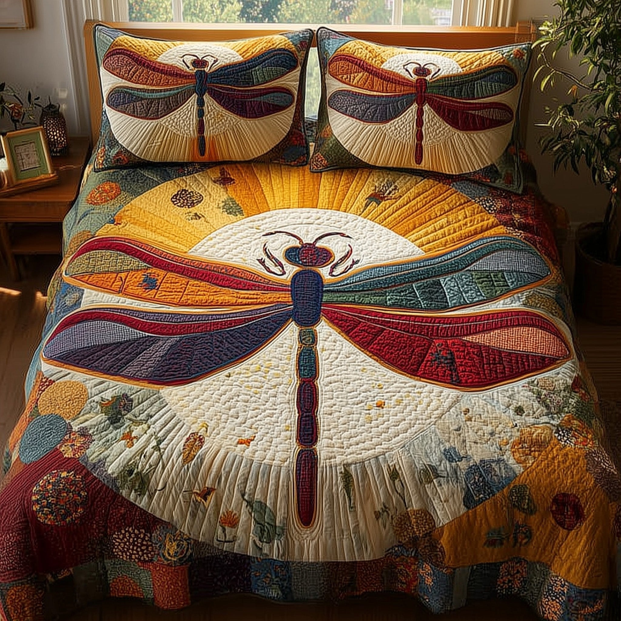 Dragonfly Paradise Quilted Bedding Set For Women