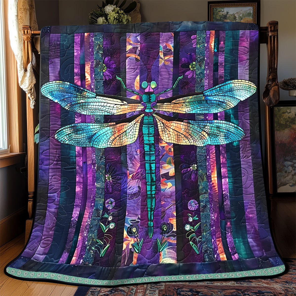 Dragonfly Purple Patchwork Quilt Blanket Queen Size Blanket Birthday Presents For Dragon Lovers