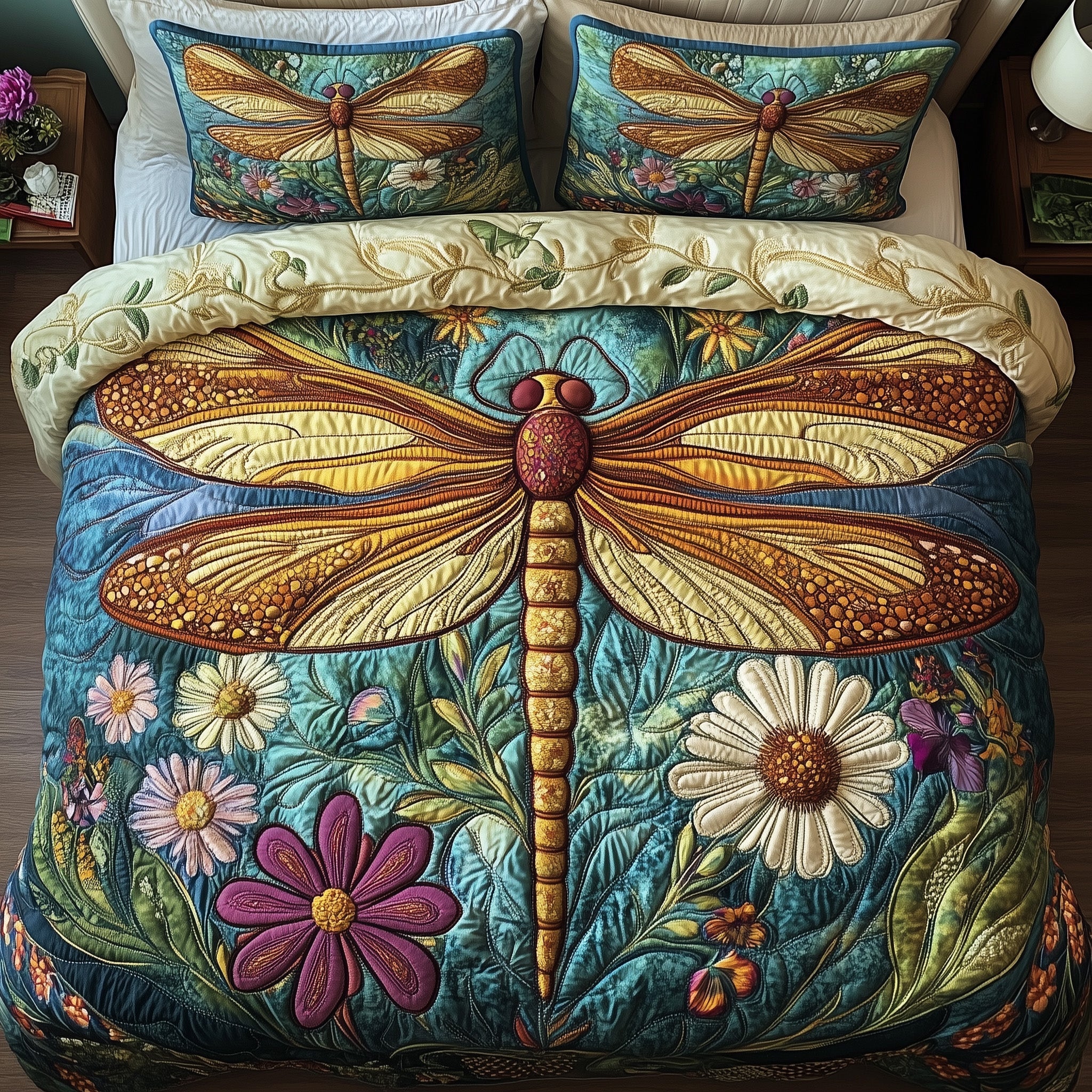Dragonfly Quilted Bedding Set Duvet Cover Bedspread Dragonfly Themed Gift Items
