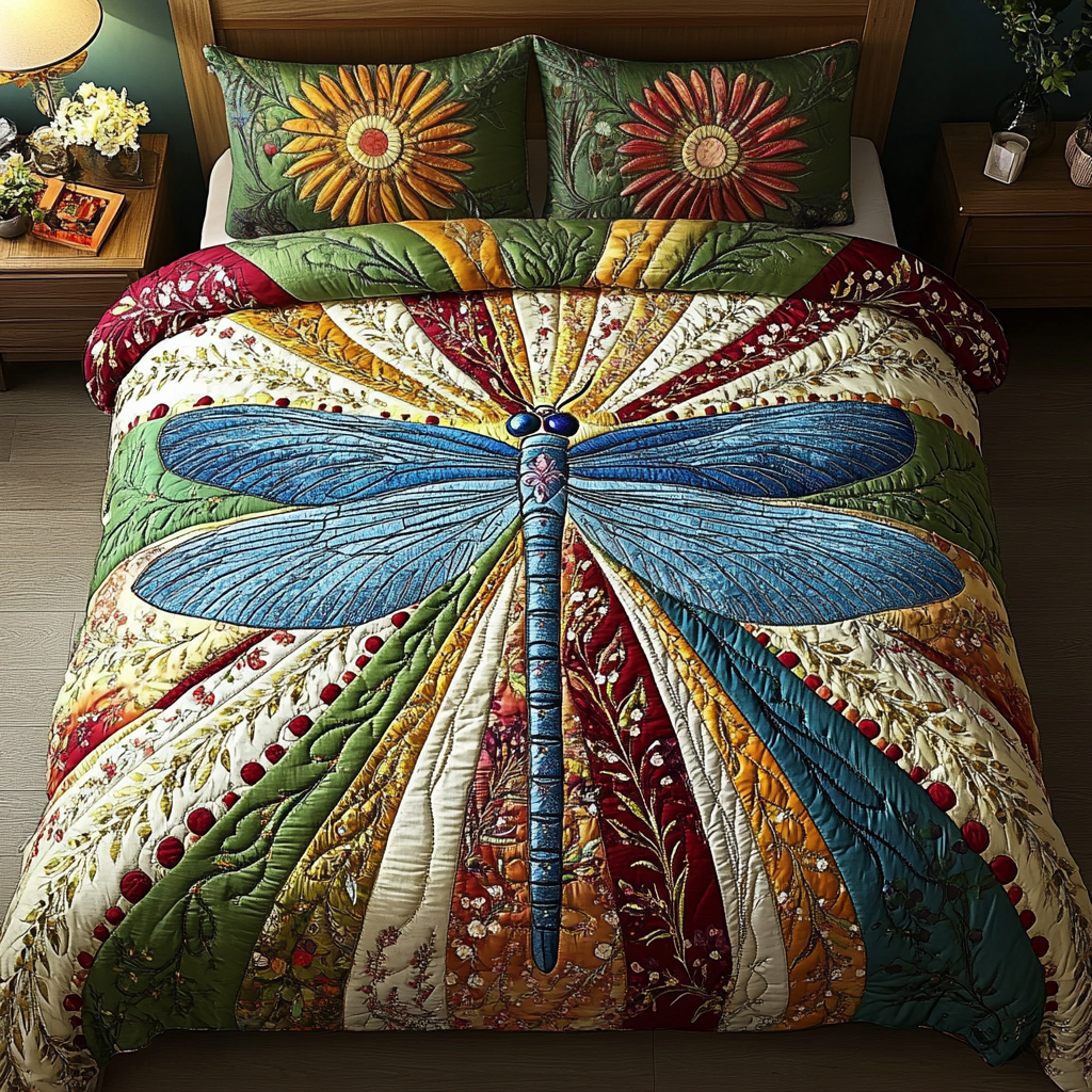 Dragonfly Quilted Bedding Set Holiday Season Duvet Cover Set Unique Dragonfly Gifts