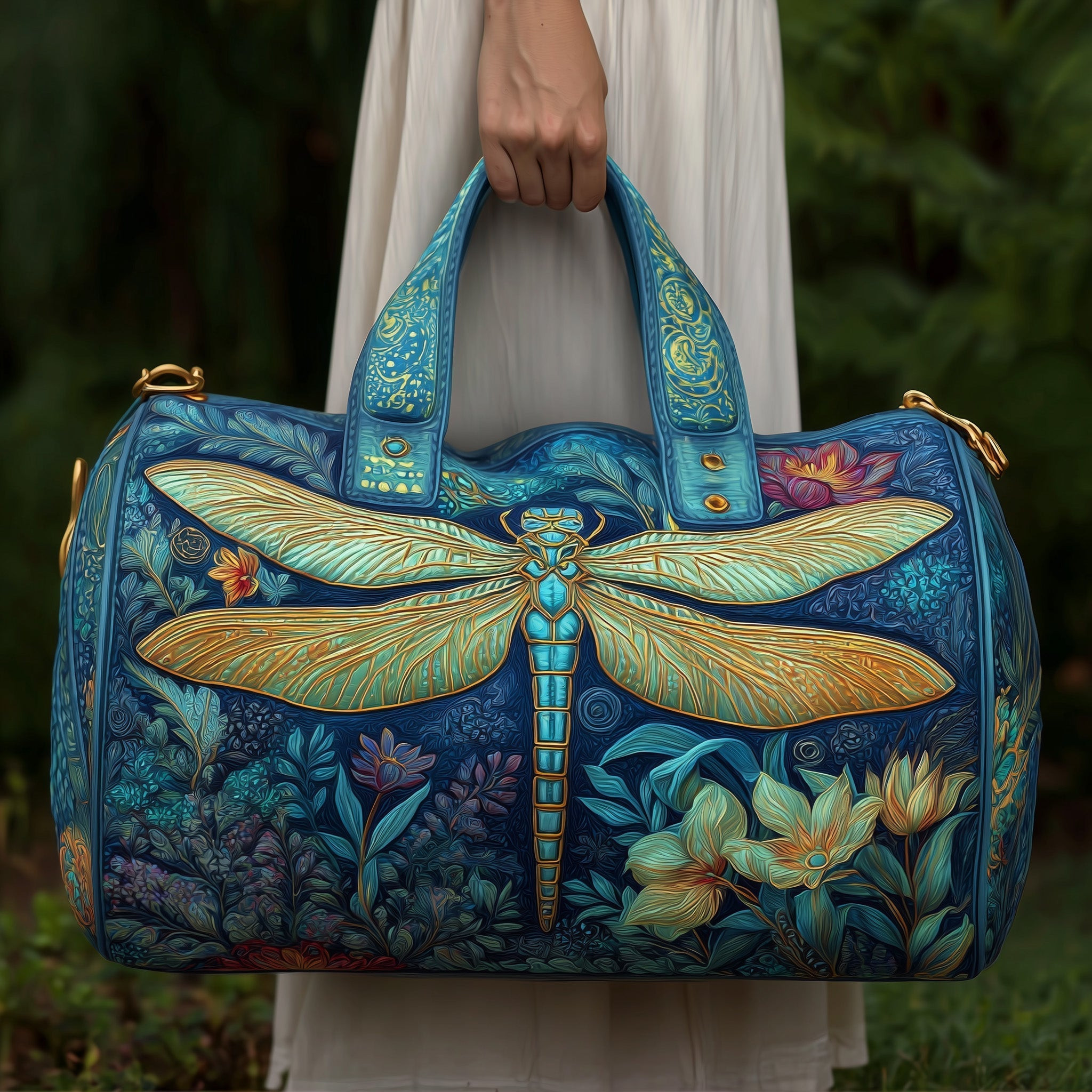 Dragonfly Quilted Duffle Bag Blue Gold Floral Art Nouveau Best Gift For Dragonfly Lovers