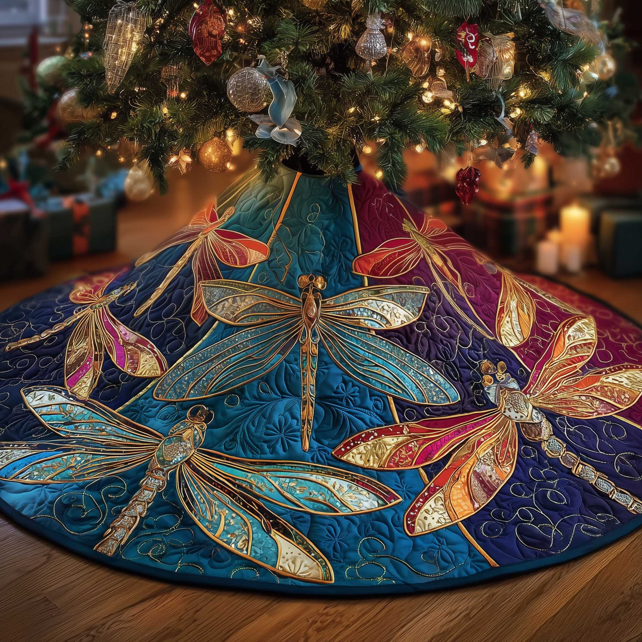 Dragonfly Quilted Tree Skirt Animal Themed Xmas Tree Skirt Christmas Gifts For Dragonfly Lovers