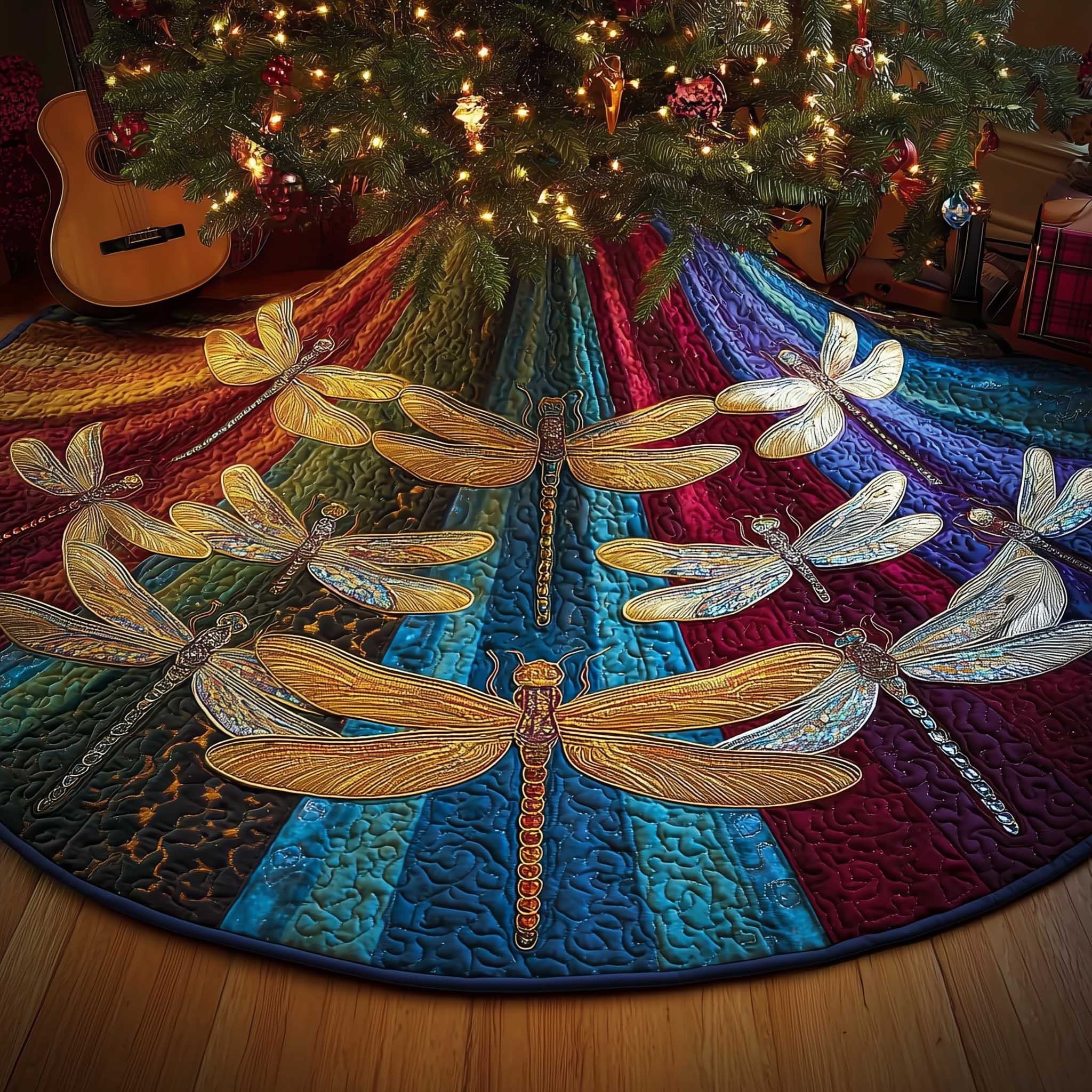 Dragonfly Quilted Tree Skirt Animal Themed Xmas Tree Skirt Dragonfly Lover Xmas Gifts