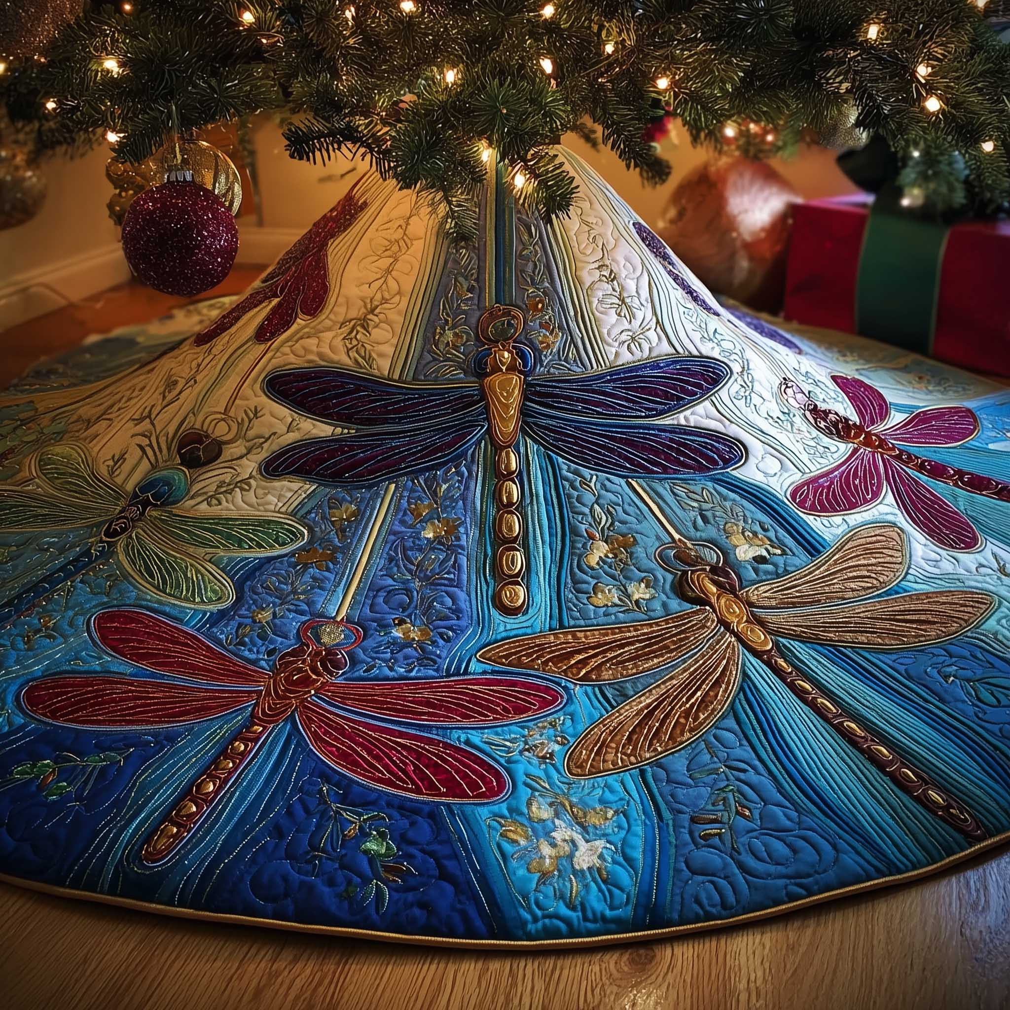 Dragonfly Quilted Tree Skirt Xmas Home Decor Xmas Tree Skirt Xmas Gifts For Dragonfly Lover