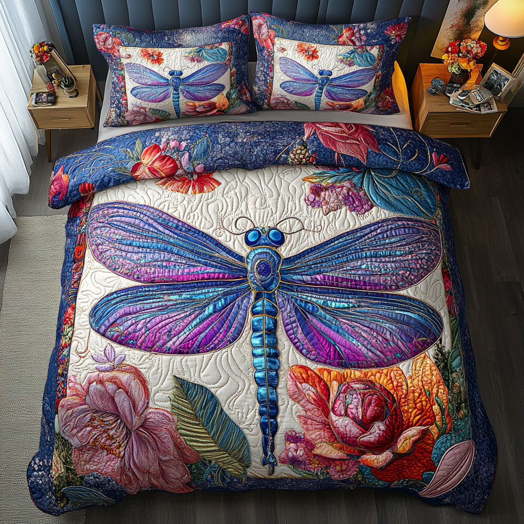 Dragonfly Sparkle Quilted Bedding Set Cute Room Decor Unique Dragonfly Gifts