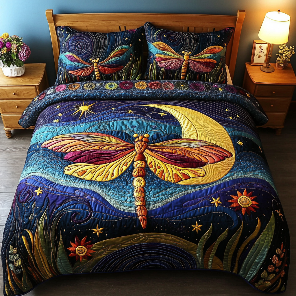 Dragonfly Wings Quilted Bedding Set Bed Room Decoration Dragonfly Themed Gift Items