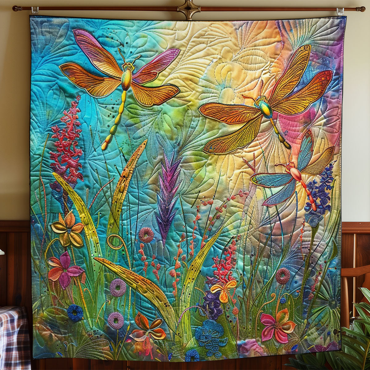 Dragonflys And Grass Quilt Blanket Best Throw Blanket Dragon Themed Gifts For Adults