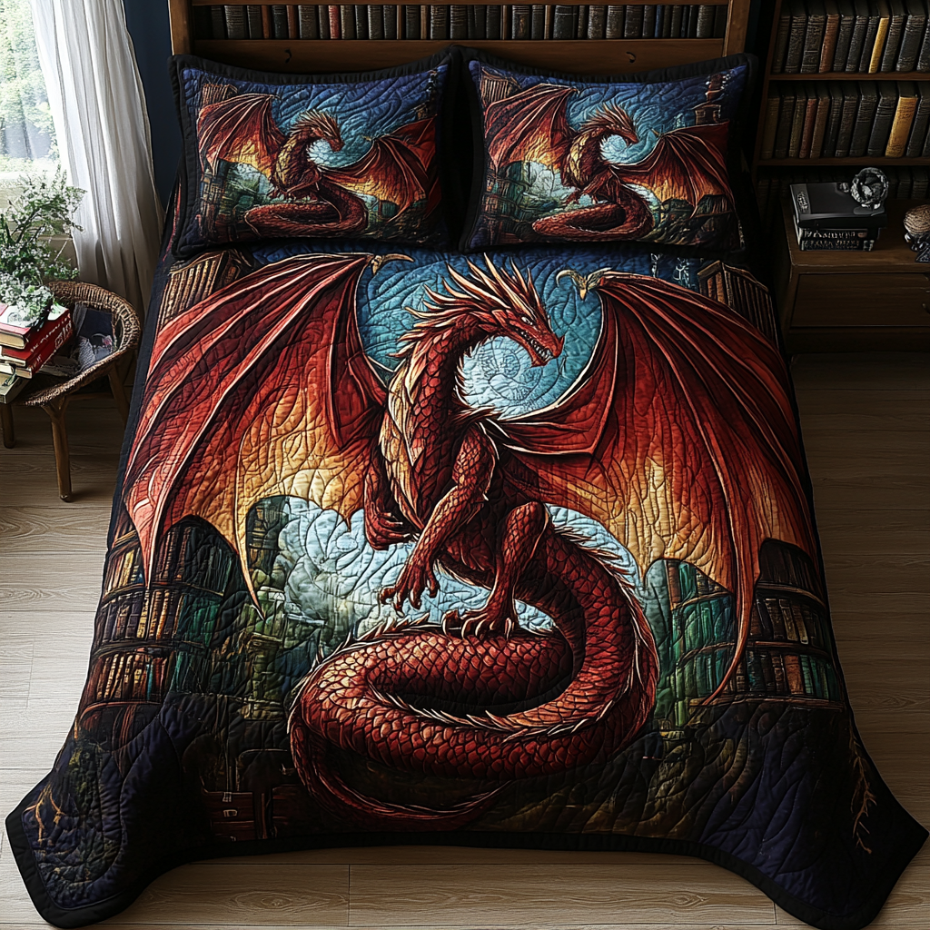 Dragonheart Quilted Bedding Set Cozy Bedroom Decor Great Dragon Lover Gifts