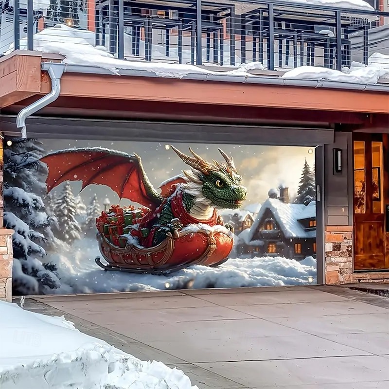 Dragon's Christmas Delivery Garage Door Cover Xmas Holiday Outside Home Decor Dragon Gifts