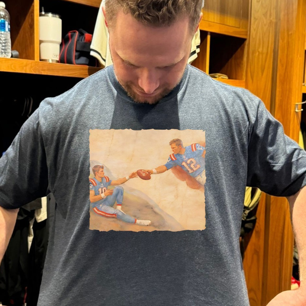 Drake Maye And Tom Brady The Creation Adam Michelangelo T-Shirt Football Fan Gift Ideas Drake Maye And Tom Brady The Creation Adam Michelangelo T-Shirt Football Fan Gift Ideas