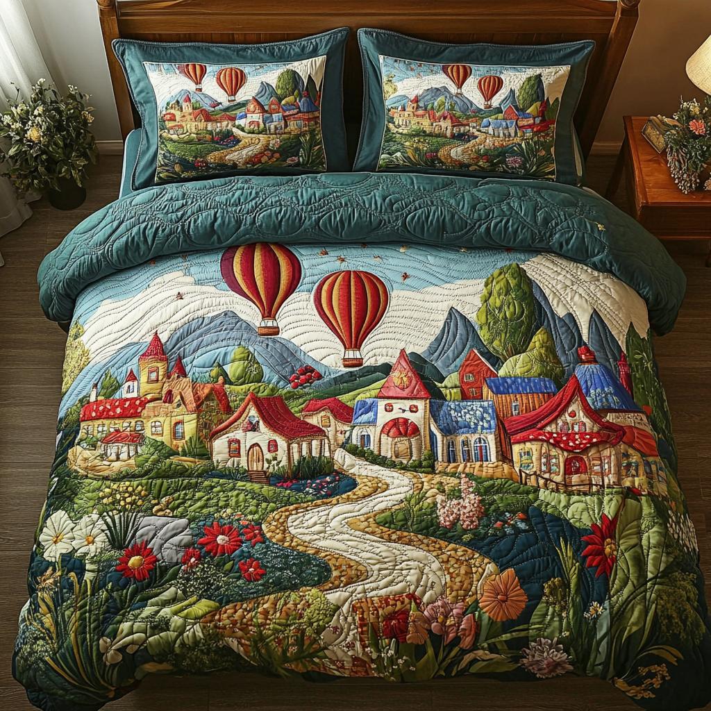 Dream Fields Quilted Bedding Set Cozy Bedroom Decor Best Sky Air Balloon Merch Gifts