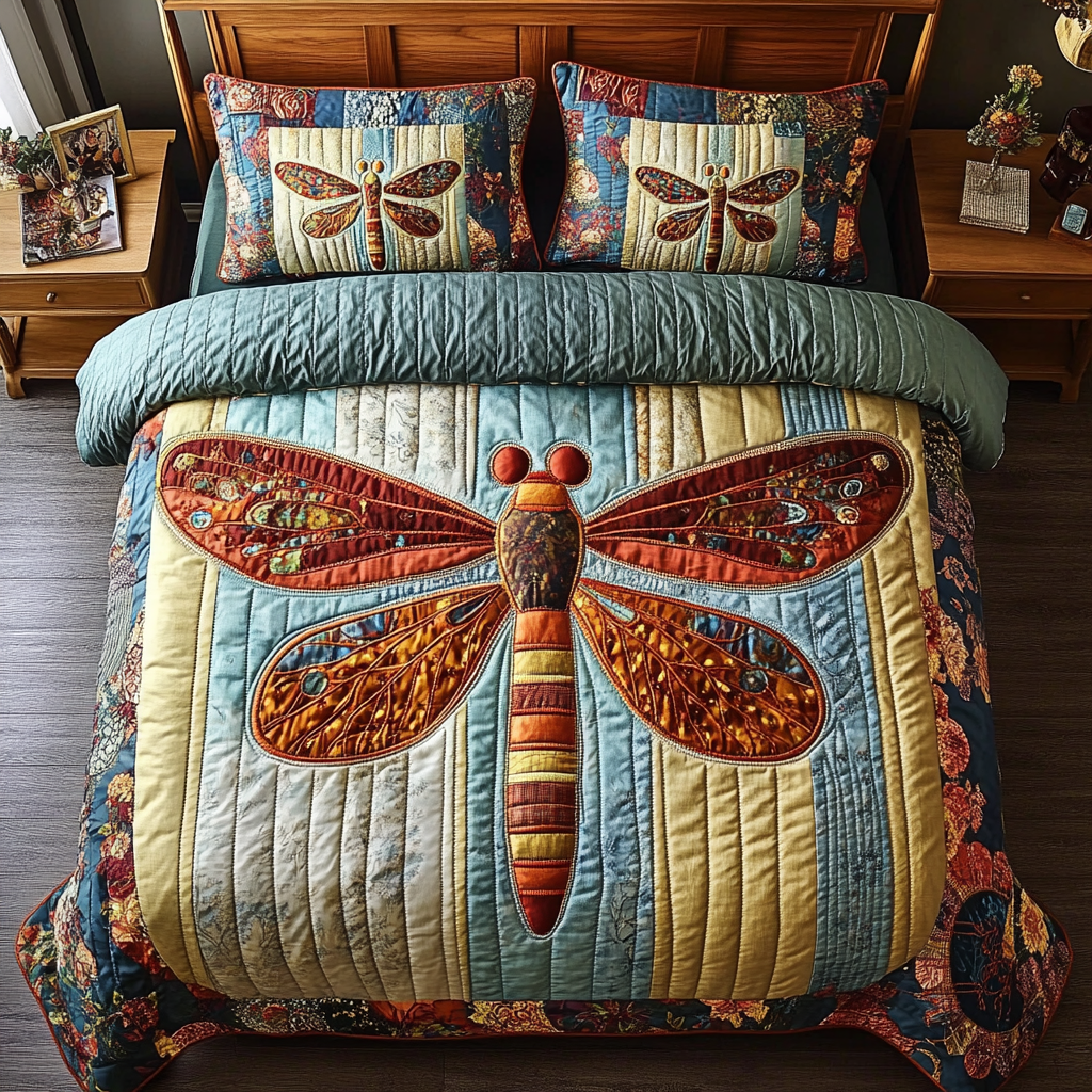 Dream Wings Quilted Bedding Set Aesthetic Room Decor Birthday Gifts For Dragonfly Lovers