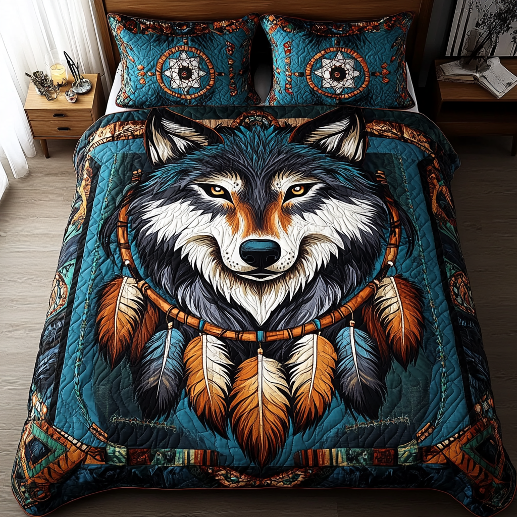 Dreamcatcher Wolf Quilted Bedding Set Bed Decorations Native Gifts For Men Women