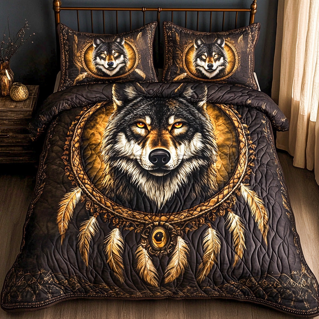 Dreamcatcher Wolf Quilted Bedding Set Christmas Bedding Duvet Cover Wolf Gifts For Him Her
